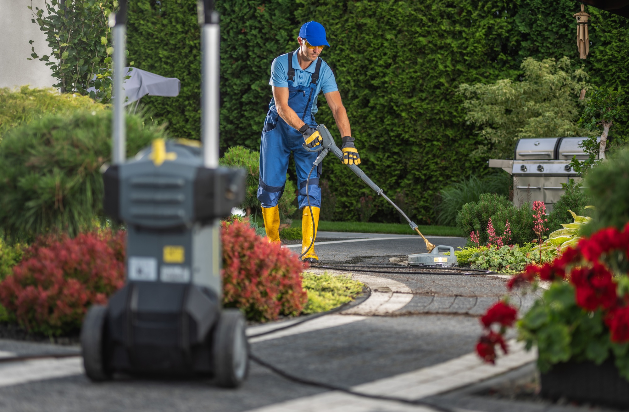 Worker Power Washing a Garden Pathway in a Residential Outdoor Space During Daylight