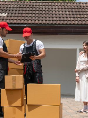 Man movers worker in black uniform unloading cardboard boxes from truck