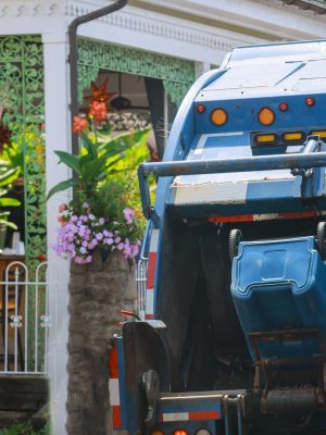 Urban municipal recycling garbage collector truck waste trash bin