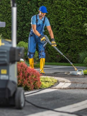 Worker Power Washing a Garden Pathway in a Residential Outdoor Space During Daylight